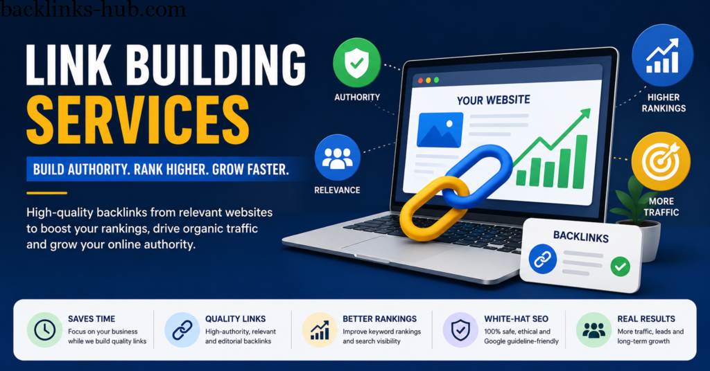Modern illustration of link building services showing SEO growth, backlinks, and digital marketing strategy for higher search rankings