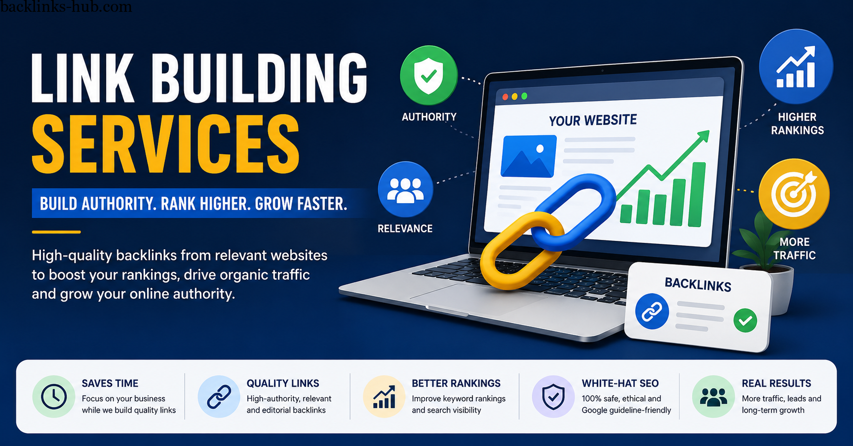 Modern illustration of link building services showing SEO growth, backlinks, and digital marketing strategy for higher search rankings