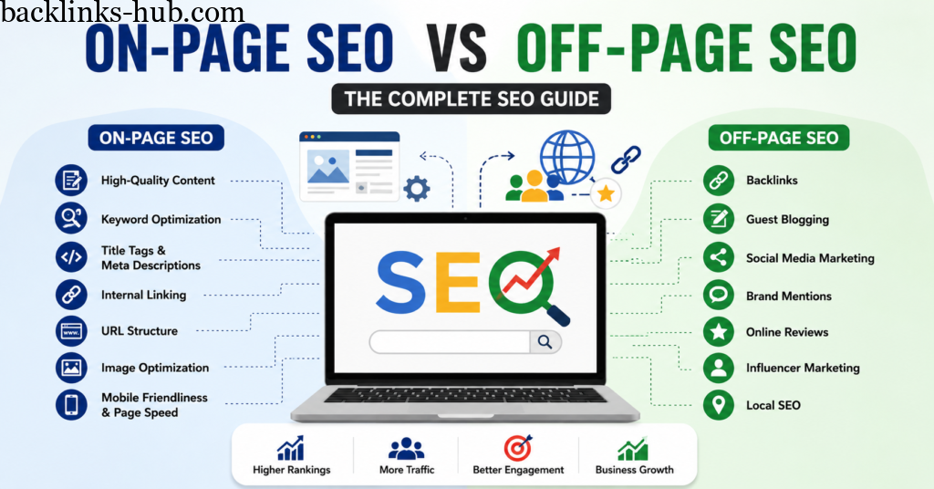Infographic comparing On-Page SEO and Off-Page SEO factors, including content, keywords, backlinks, and social media marketing strategies.