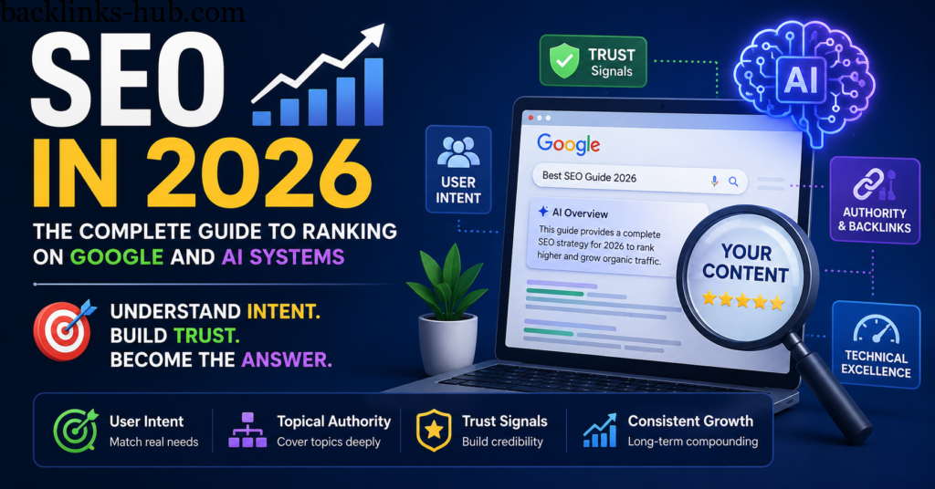 Futuristic SEO concept showing Google search, AI systems, and digital ranking signals for modern search visibility in 2026