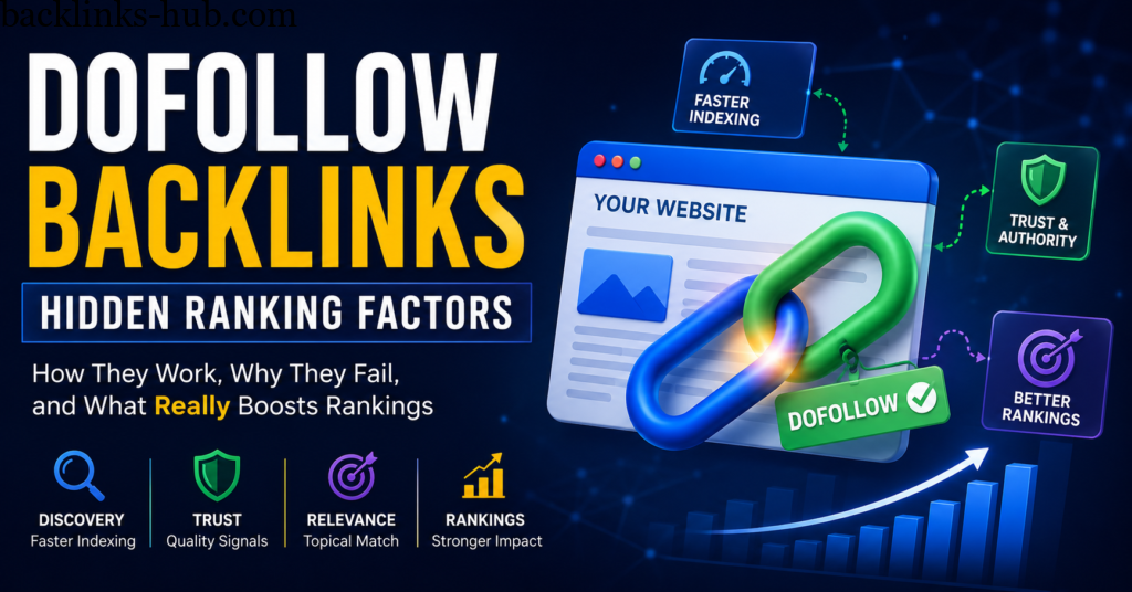 Illustration showing dofollow backlinks, SEO ranking factors, indexing, and Google search authority signals in a modern digital marketing design