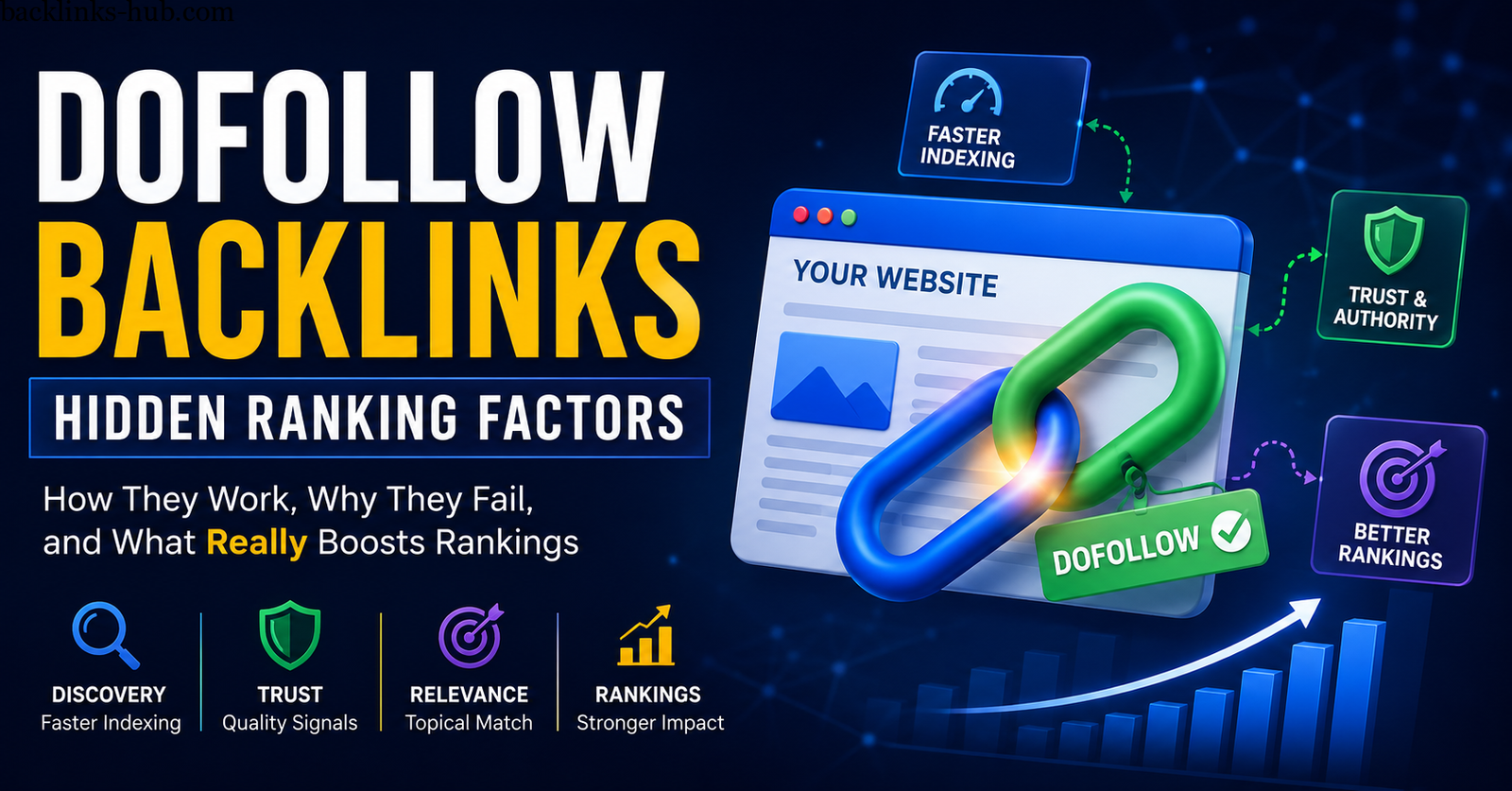Illustration showing dofollow backlinks, SEO ranking factors, indexing, and Google search authority signals in a modern digital marketing design
