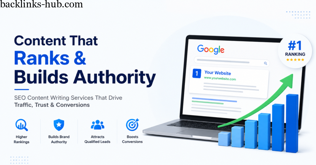 SEO content writing services concept showing ranking growth, traffic increase, and digital marketing success