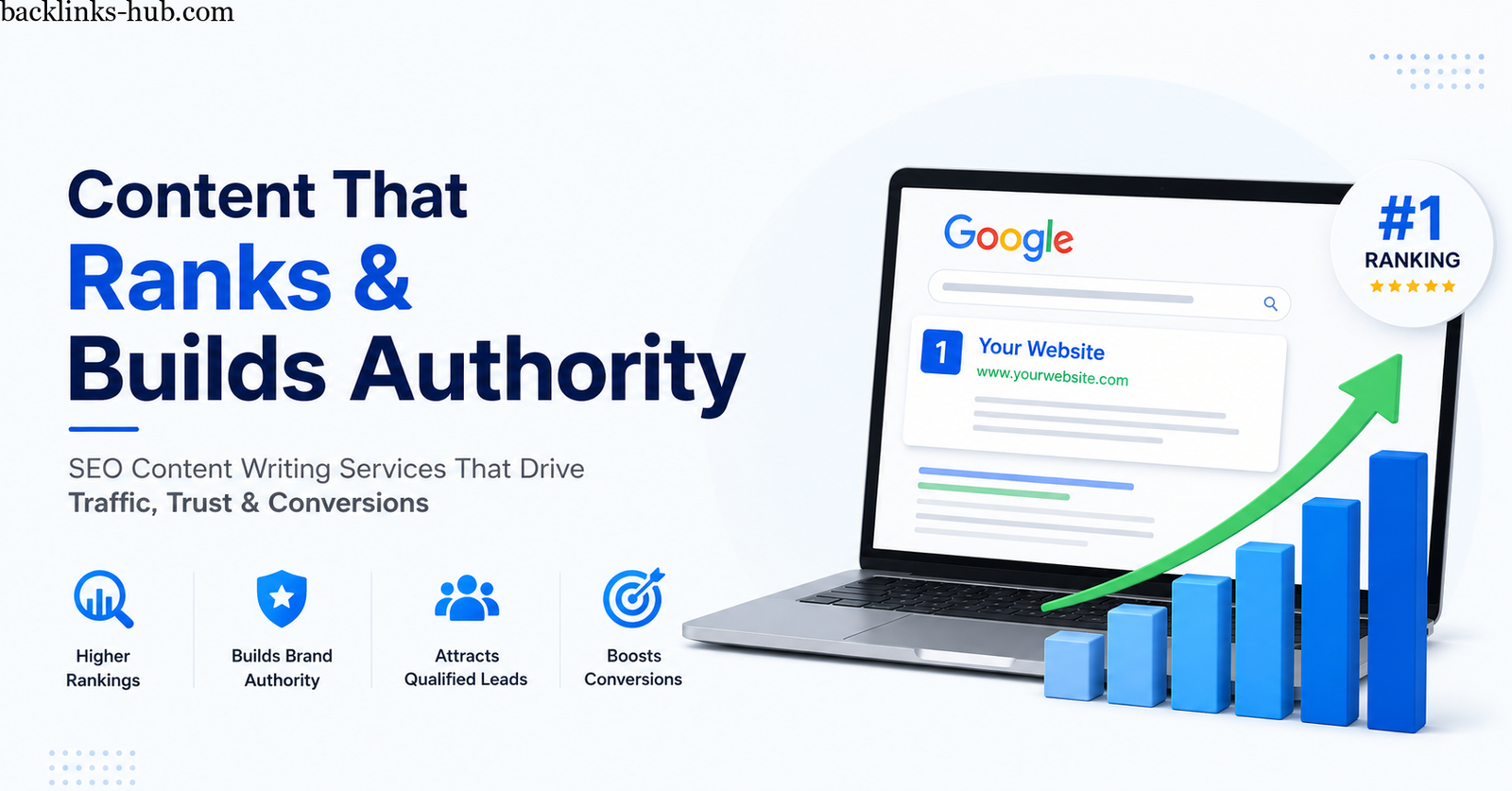 SEO content writing services concept showing ranking growth, traffic increase, and digital marketing success